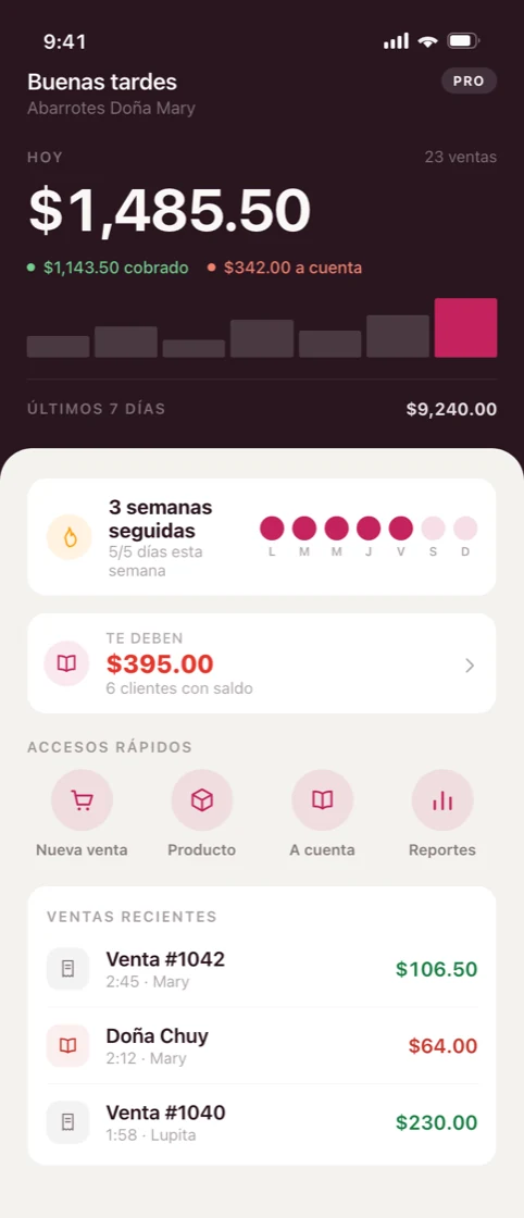 Pantalla de inicio de Tu Tiendita con las ventas del d&iacute;a y qui&eacute;n te debe